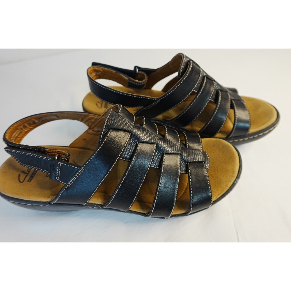 Clarks Artisan‎ Womens 9.5  Black Leather Wedge Sandals Cushion Delana Maloren